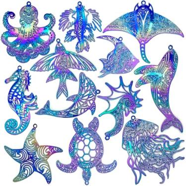Imagem de COLIGREE 24 peças de pingentes de oceano variados deslumbrantes enfeites coloridos de filigrana de metal oco pingentes de animais marinhos para fazer joias faça você mesmo, brincos, colares,