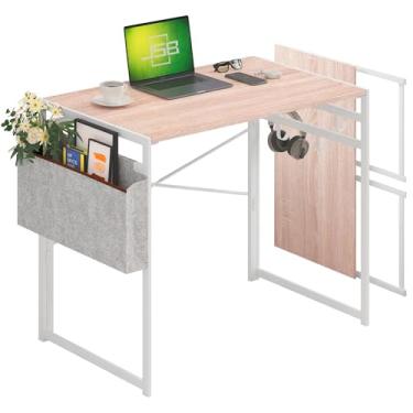 Imagem de JSB Pequena mesa dobrável para computador com bolsa de armazenamento e gancho, mesa de trabalho industrial, moderna, laptop para escritório em casa, branco (natural e branco, 80 cm)