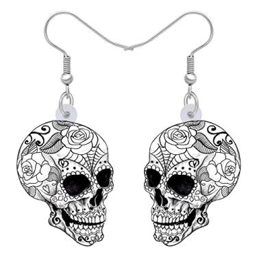 Imagem de YINYA Brincos de caveira de açúcar de acrílico para o Dia das Bruxas com pingente de flores, joias assustadoras, presentes assustadores para mulheres, lembrancinhas de festa, Medium, Acrílico, Sem