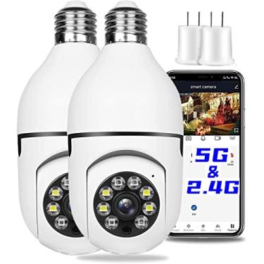 Imagem de Cemueo Câmera de Segurança com Lâmpada de 2 Unidades 2,4GHz e 5G Wifi Externa, Câmera de Segurança com Soquete de Luz 1080P E27, Câmeras de Segurança Doméstica Internas de 360 °, Cores Dia e Noite, De