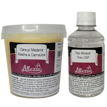 Imagem de Kit Cera Para Madeira de Abelha com Carnaúba 350g + Óleo Mineral Grau USP 250ml Para Tábua de Carne, Tábua de Corte, Móveis, Gamelas, Utensílios de Madeira, Atóxico, Brilho e Proteção - Altezza