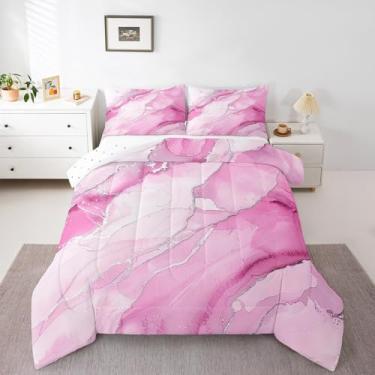 Imagem de Feelyou Conjunto de cama Queen com textura de mármore abstrato, moderno, estético, arte em aquarela retrô, conjunto de edredom rosa