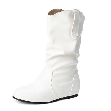 Imagem de AngryMonkey Botas femininas de cano médio, cano médio, cano baixo, dobras, de couro sintético, para inverno, sem cadarço, cano alto, plus size, Branco, 38