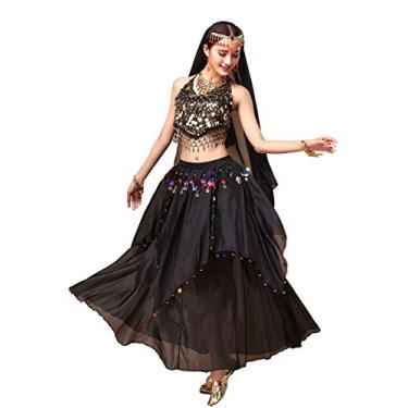 Imagem de ORIDOOR Conjunto de vestidos de dança do ventre feminino, top cropped acolchoado, top cintilante, dança do ventre, saias de chiffon com moedas, roupa de 5 peças 02 preto.., 02 Preto, One Size