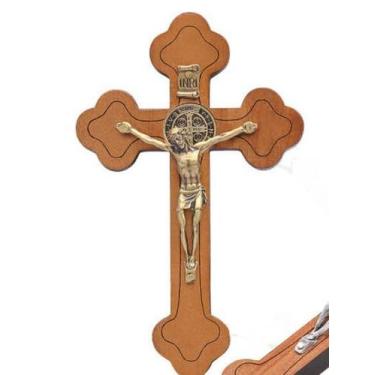 Imagem de Crucifixo Madeira de Parede Cristo c/ Medalha São Bento 12cm - eMistic