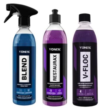 Imagem de Vonixx Kit Automotivo, Shampoo V-Floc 500ml, Restaurador de Plásticos Restaurax, Cera em Spray Blend