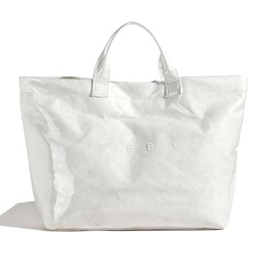 Imagem de LIERWOI Sacola de PVC feminina de papel kraft grande, bolsa de papel moderna, com estampa de letras, alça superior, Branco, One Size