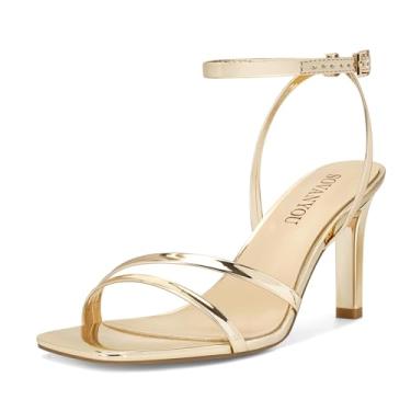 Imagem de SOVANYOU Saltos Dourados Para Mulheres, Elegantes, Saltos Altos Com Tiras Douradas, Sandálias De Salto Agulha, Salto Alto Quadrado Aberto, Salto Alto Metálico Sexy, Sapatos Sociais Para Casamento