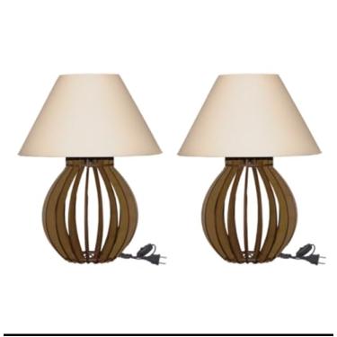 Imagem de Conjunto de 2 Abajures de Mesa, Base em Madeira MDF Marrom, 30 cm Altura, Cúpula Branca