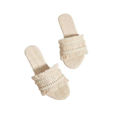 Imagem de OYOANGLE Sandálias femininas de palha com franja de crochê, bico aberto, faixa única, sem cadarço, Bege, 35