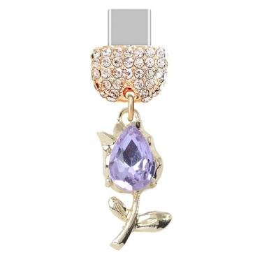Imagem de ELISE & FONDA TP520 Tipo-C porta de carregamento cristal antipoeira pequena flor rosa pingente de telefone celular para iPhone 16/15/Samsung/OnePlus/Xiaomi/oppo telefones Android (Roxo), approx. 1.2