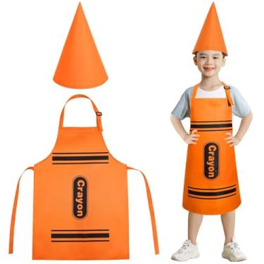Imagem de Conjunto de 2 peças de avental de giz de cera colorido e chapéus de cone engraçados, conjunto de fantasia de giz de cera escolar para fantasia divertida de giz de cera, Laranja, Standard