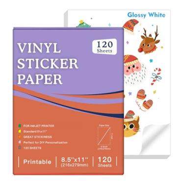 Imagem de Papel adesivo de vinil premium para impressão de 120 folhas para impressora a jato de tinta e laser, branco brilhante à prova d'água, seca rapidamente, cores vivas, resistente a rasgos, papel adesivo