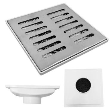 Imagem de Ralo Quintal 20x20 Inox 304 Tradicional Coletor Branco Saída 75mm e 2 