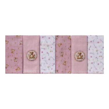 Imagem de Pano de Boca Bordado para Bebê 06 Unidades Baby Joy Fábula, Ursa Rosa