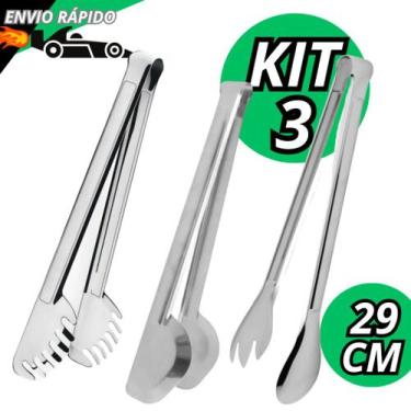Imagem de Kit Pegador Cabo Longo Pegadores Universal Massa E Salada 29cm  Aço In