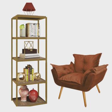 Imagem de Kit Poltrona Fatte com Estante Livreiro Ferro Dourado mdf Caramelo Suede Terracota - Ahazzo Móveis