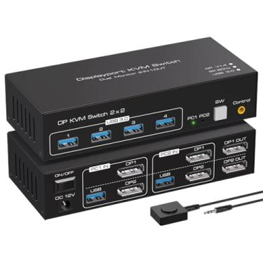Imagem de YXX7XY KVM Switch 2 monitores 2 computadores 8K @60Hz 4K @120Hz monitor duplo 2 em 2 saídas USB 3.0 KVM Switches compartilham 4 dispositivos USB (com plugue AU)