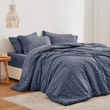 Imagem de Conjunto de edredom Love's cabin Seersucker azul marinho King Size