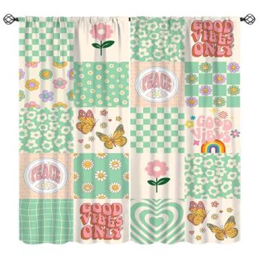 Imagem de Cortinas florais retrô dos anos 70, grade verde e branca com estampa de margaridas arco-íris, tratamentos de janela, cortinas com isolamento térmico, 2 conjuntos de painéis para quarto, sala de estar