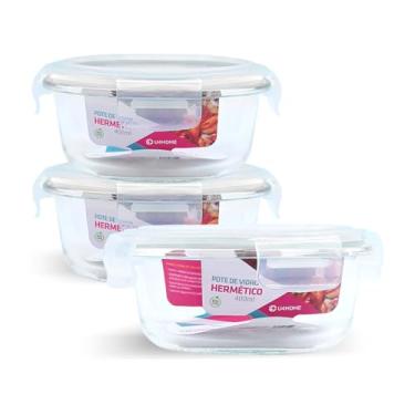 Imagem de Kit 3 Potes de Vidro Redondo com Tampa Hermética 400ml (Branco)