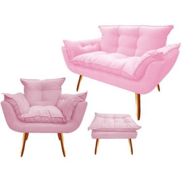 Imagem de Kit Namoradeira + 1 Poltrona + 1 Puff Decorativo Opala Suede Rosa Bebê