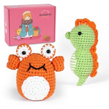 Imagem de Kit de crochê para iniciantes, 2 estampas de animais - cavalo-marinho, caranguejo, kit de tricô para crianças e adultos com tutoriais em vídeo passo a passo e fios, gancho, acessórios