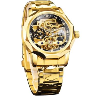 Imagem de FORSINING Relógio mecânico automático esqueleto masculino com bisel de 12 lados e engrenagens expostas e design turbilhão, pulseira exclusiva de aço inoxidável com elos de losango, relógio de pulso
