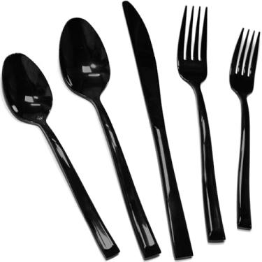 Imagem de Kikbioee Conjunto De Talheres Pretos Com 20 Peças, Cabo Aço Inoxidável, Espelho Moderno | Pode Ir Na Máquina Lavar Louça Serve Para 4 Pessoas