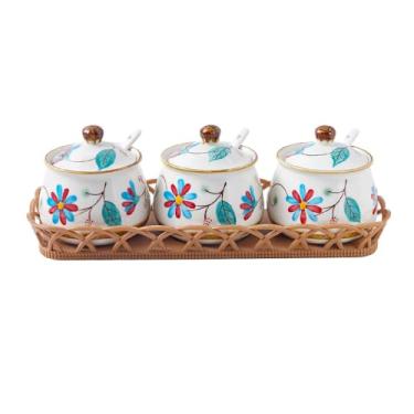 Imagem de YMYL Conjunto De Tigelas Sal E Açúcar Cerâmica, 3 Potes Para Condimentos, Pote Temperos, Recipiente Especiarias Com Tampa, Colher Bandeja Bancada Cozinha Doméstica, Lavável Na Máquina Lavar Louça (V