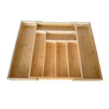 Imagem de Jilukibo Organizador De Gavetas Ajustável Bambu, Bandeja Grande Expansível Para Talheres Com Divisórias Madeira Organização E Suporte Utensílios Cozinha (6 A 8 Compartimentos, Natural)