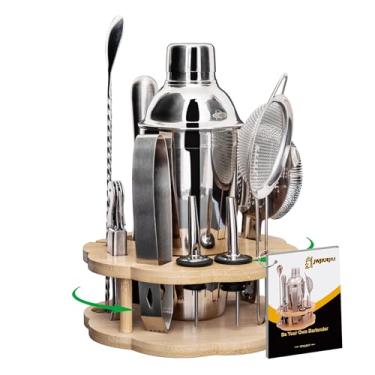 Imagem de JWJIUEJIU Conjunto De Coqueteleira, Kit Barman Com Suporte Giratório Bambu, 11 Peças Utensílios Aço Inoxidável, Livreto Receitas (Prata)