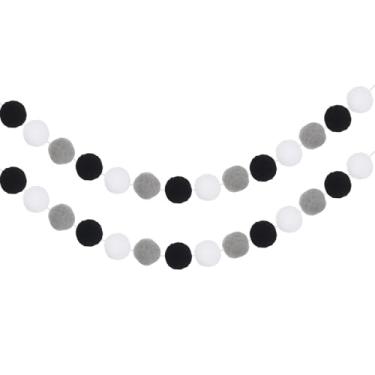 Imagem de PATIKIL 2 peças de guirlanda de pompom, faixa decorativa de 1,8 m com 20 bolas para Halloween, Dia das Bruxas, Natal, casamento, festa de aniversário, preto/branco/cinza