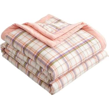 Imagem de Colcha para cama de verão/primavera, colcha de algodão, patchwork, design reversível, xadrez, bege, edredom para cama de casal forrado e acolchoado cobertor rosa, 200 x 230 cm