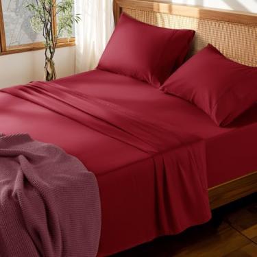 Imagem de LBRO2M Jogo de lençol 100% algodão com bolso profundo de 48 cm, 1000 fios, tamanho casal, 4 peças, roupa de cama macia e confortável para todas as estações (Casal, Borgonha)