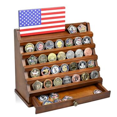 Imagem de BGCTM Suporte De Madeira Para Moedas Com 5 Níveis E Gaveta Inferior, Porta-Moedas Bandeira Dos Eua Militares, Veteranos Colecionadores (Nogueira)