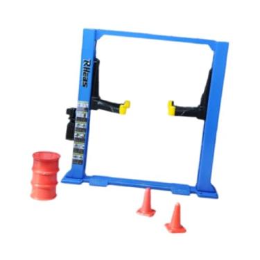 Imagem de simhoa Diorama 1/64 Ferramentas de reparo de garagem de carro Tambor de óleo Reparo de estrutura Elevador de carro Exibição de cena Modelo Cones de trânsito, Elevação de Cor Azul