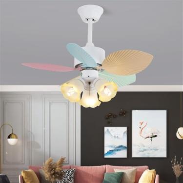 Imagem de OUFULA Ventilador de cor nórdica moderna LED Fashion Criatividade Sala de Estar Restaurante Quarto Infantil Remoto Teto Fan Light (Estilo J)