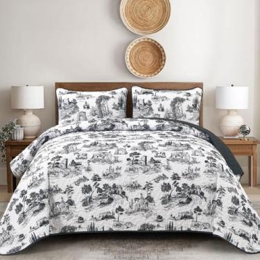 Imagem de Drucon Conjunto de colcha de fazenda preta, tamanho king, colchas rústicas, 3 peças, colcha estampada de paisagem de vila, conjunto de cama de microfibra macia para todas as estações (266 x 224 cm)