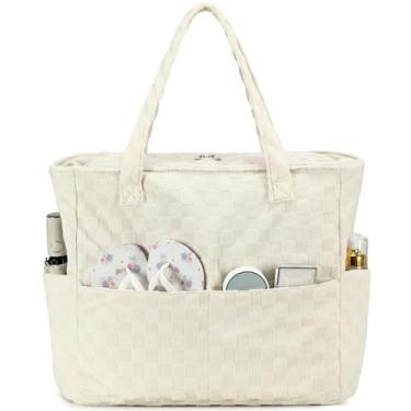 Imagem de LEDAOU Bolsa feminina grande para praia, impermeável, à prova de areia, com zíper, para piscina, academia, mercearia, viagem, com bolso molhado, 1 peça - Xadrez bege, Large