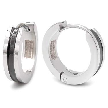 Imagem de Steelmeup Brincos de argola masculinos listrados de aço inoxidável 2 tons, ouro, preto, prata, 16 mm, Aço inoxidável Prata
