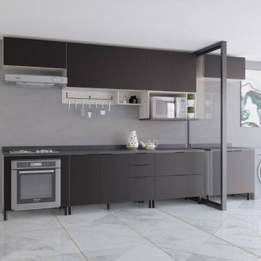 Imagem de Cozinha Completa Bartira Rubi com 13 Portas, 2 Gavetas, 3 Gavetões, 5 Prateleiras, 1 Nicho e 360cm de Largura - Freixo/Preto Poah