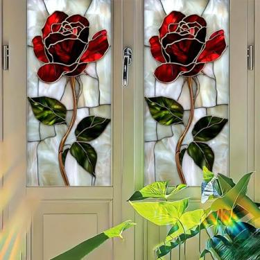 Imagem de Starlit Patio Adesivo decorativo para janela de vitral de rosa vermelha única decalque floral adesivo de vidro decorativo sem cola para quarto sala de estar painel de porta 45 x 99,8 cm