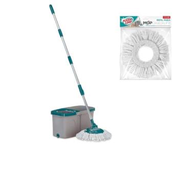 Imagem de Flash Limpa Mop Giratório com Balde e Refil, Sistema de Limpeza com Centrifuga, Cabo Extensível, Verde e Cinza