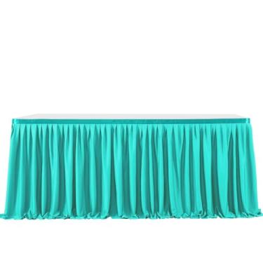 Imagem de Saia de mesa plissada de poliéster opcional de 6 pés/9 pés, toalha de mesa de jantar com babados verdes e rosas para decoração de mesa de casamento, banquete, festa de aniversário, azul pavão, 9 pés