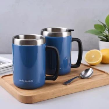 Imagem de Caneca Térmica Parede Dupla em Aço Inox Azul 350ml com Canudo - Estilo Casual