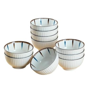 Imagem de 10 peças - Tigela de arroz de cerâmica sob esmalte simples e requintada para uso doméstico japonês com resistência a altas temperaturas - listras verticais de grão azul