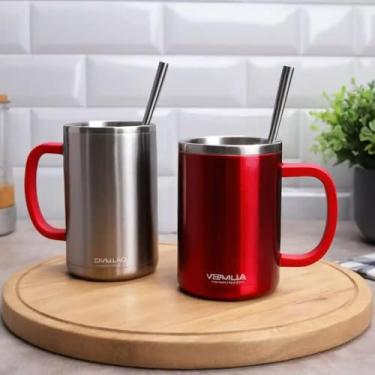 Imagem de Caneca Térmica Parede Dupla em Aço Inox Vermelha 900ml com Canudo - Estilo Casual
