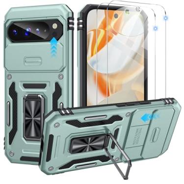 Imagem de Capa dupla KeDZ para Google Pixel 9 Pro XL com capa deslizante para câmera e película à prova de explosão (2 peças) - Capa protetora à prova de choque e queda de grau militar com suporte, verde claro