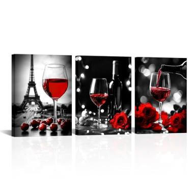 Imagem de Canvbay Decoração de parede de cozinha, vinho tinto, rosa, arte de parede em tela preto e branco, pintura da Torre Eiffel, arte de natureza morta, emoldurada, para restaurante, bar, sala de jantar